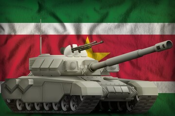 heavy tank on the Suriname national flag background. 3d Illustration