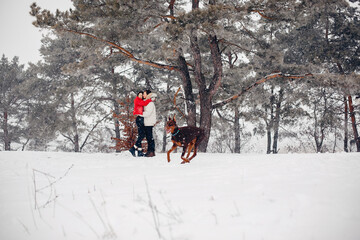 Wall Mural - Young couple in a winter park. Man with a red sharf. Lady in a red jacket