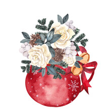 Watercolor Christmas Illustration With Cupa And Floral Bouquet, Isolated On White Background