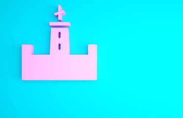 Poster - Pink Montjuic castle icon isolated on blue background. Barcelona, Spain. Minimalism concept. 3d illustration 3D render.