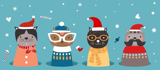 Canvas Print - Christmas cats in hole. Kitten in winter clothes, santa hat and scarfs. Cartoon xmas new year greetings banner with cute pets snowflakes candy. Flat animals holidays season vector illustration