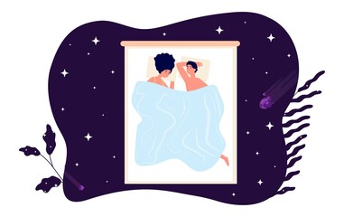 Canvas Print - Couple sleep together. Healthy sleeping on bed, comfort mattress and pillow. Night starry sky and sweet dreams top view, bedtime vector illustration. Sleep night relax together man and woman