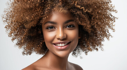 Wall Mural - Beauty portrait of african american girl with clean healthy skin on beige background. Smiling dreamy beautiful black woman.Curly hair in afro style