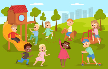 Sticker - Cute Children Playing in Playground on Nature Landscape, Happy Kids Swinging on Swing, Sliding down Slide, Riding Kick Scooter Vector Illustration