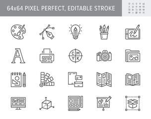 Graphic design line icons. Vector illustration included icon - digital creative tool, paintbrush, palette, prepress, presentation layout outline pictogram for art. 64x64 Pixel Perfect Editable Stroke