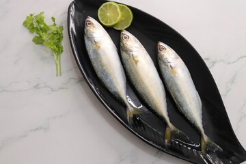 Wall Mural - Uncooked Indian mackerel fish Rastrelliger kanagurta. also known as Bangda fish. Free copy space. Lemon wedge and coriander. top view fish background. online fish marketing.