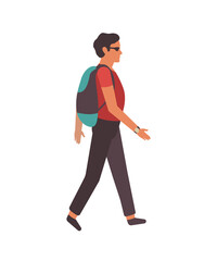 Man walking in the city. Modern young happy cartoon male charecter with backpack and sunglasses walks in park, leisure time activities outdoors urban life flat vector illustration