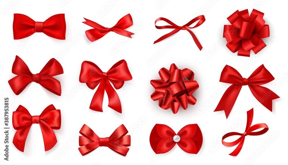 Realistic bow set. Red silk ribbons with bows festive decor satin rose, luxury elements for holiday packaging and design, elegant gift tape 3d vector decor set on white background - obrazy, fototapety, plakaty 