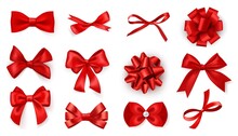 Realistic Bow Set. Red Silk Ribbons With Bows Festive Decor Satin Rose, Luxury Elements For Holiday Packaging And Design, Elegant Gift Tape 3d Vector Decor Set On White Background