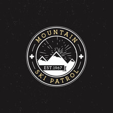 Camping Label. Vintage Mountain Ski Patrol Round Patch. Outdoor Adventure Logo Design. Travel Retro And Hipster Color Insignia. Adventure Badge Design. Wilderness Emblem And Stamp.
