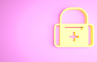 Yellow First aid kit icon isolated on pink background. Medical box with cross. Medical equipment for emergency. Healthcare concept. Minimalism concept. 3d illustration 3D render.