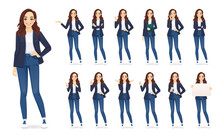 Casual Business Woman Character In Different Poses Set In Jeans Isolated Vector Illustration