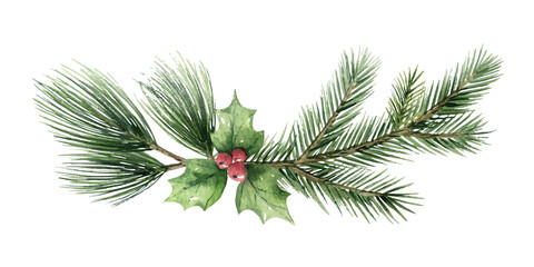 Wall Mural - Watercolor vector Christmas wreath with fir branches and green leaves.