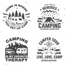 Set Of Rv Camping Badges, Patches. Vector. Concept For Shirt Or Logo, Print, Stamp Or Tee. Vintage Typography Design With RV Motorhome, Camping Trailer And Off-road Car Silhouette.