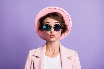 Canvas Print - Photo of wavy tender lovely woman lady wear pink retro cap lips pouted isolated purple color background