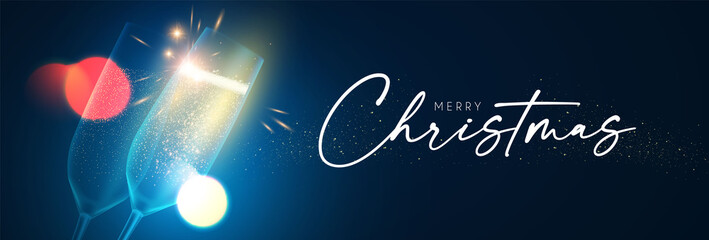 Wall Mural - Merry Christmas and Happy New 2021 Year background with champagne glasses, lights and bokeh effect.