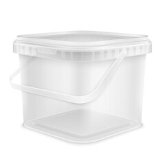 Transparent square empty plastic bucket with handle. Front view from the corner.