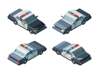 Poster - Police car. Emergency isometric vehicles different views police chase vector. Transport emergency police car, vehicle isometric and 3d automobile illustration