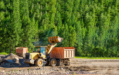 Canvas Print - Bulldozer and dump truck work on the construction