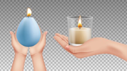 Canvas Print - Hands holding candles. Realistic lights, religion symbols. Holiday decorative lighting vector elements. Candle light in hand, flame holding hand illustration