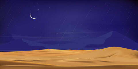 Wall Mural - Desert landscape with sand dunes, full moon and shining stars and comet falling over sand dunesatat dark night for banner or background in ramadon, vector illusion