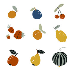 Wall Mural - Set of garden fruits in a flat style on a white background. Autumn harvest. Doodle fruits. Hand drawn pear, peach, strawberry. Tropical organic fruit, delicious kitchen food.