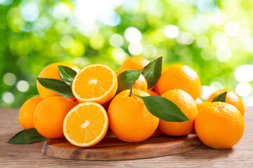 Sticker - fresh orange fruits with leaves over blurred green background