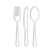 Cutlery line art icon set isolated on white background. Top view lineart silverware - fork knife spoon. Vector flat design outline style food, restaurant logo illustration. 