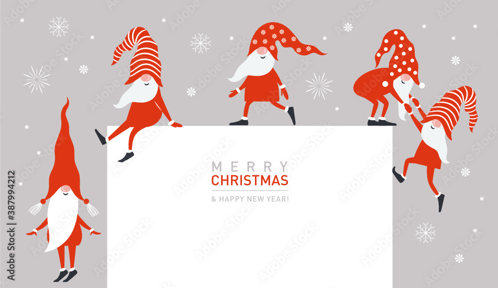 Christmas greeting banner with place for text. Cute Gnomes in red - obrazy, fototapety, plakaty 