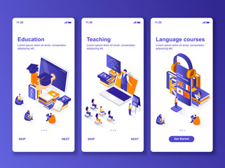 Wall Mural - Language courses isometric GUI design kit. Distance education, online teaching templates for mobile app. E-learning platform UI UX onboarding screens. Vector illustration with tiny people characters.