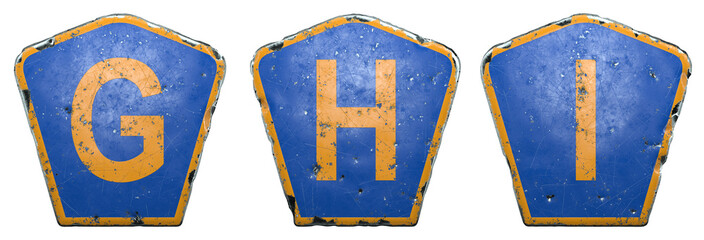 Set of public road signs in blue and orange color with a capital letters G, H, I in the center isolated white background. 3d