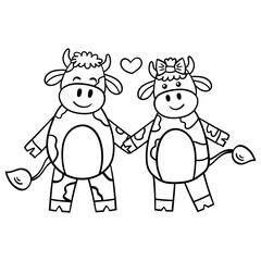 Wall Mural - Coloring page with loving bull and cow