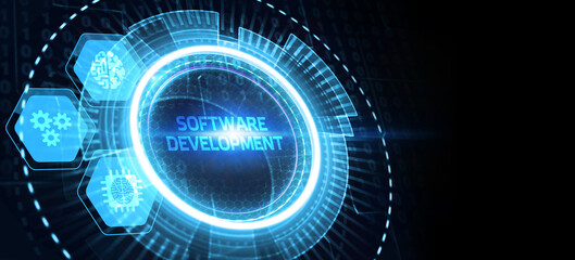 Inscription Software Development on the virtual display. Business, modern technology, internet and networking concept.