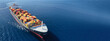 Aerial drone panoramic ultra wide photo with copy space of industrial truck size container tanker ship cruising in open ocean deep blue sea