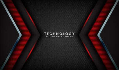 Abstract 3D black techno background overlap layers on dark space with red light effect decoration. Modern graphic design template elements for poster, flyer, cover, brochure, landing page, or banner