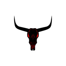 Bull Skull Icon. Buffalo Head With Red Eyes Vector Illustration Isolated On White. Animal Skull With Horns. Texas Animal Head Symbol. Dangerous Sign.