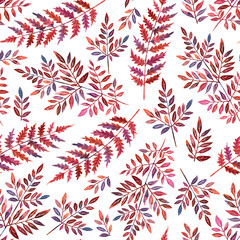  Autumn Floral Seamless Pattern, burgundy fern. Watercolor forest wild leaves. Hand drawn Illustration.