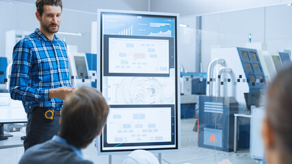 Poster - On a Meeting Chief Industrial Engineer Reports to a Specialists, Managers, Uses Digital Whiteboard to Show Statistics and New Eco Friendly Engine Concept. Sustainable Green Energy Research