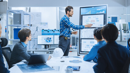 Poster - On a Meeting Chief Industrial Engineer Reports to a Group of Specialists, Managers, Uses Digital Whiteboard to Show Statistics and New Eco-Friendly Engine Concept. Sustainable Green Energy Research