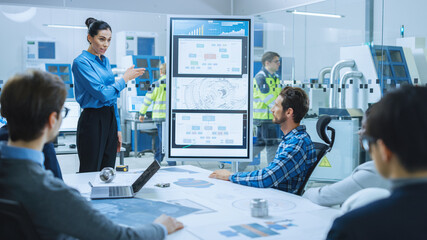 Poster - On a Meeting: Confident Female Engineer Talks to a Group of Specialists, Managers, Uses Interactive Digital Whiteboard to Show New Eco Friendly Engine Concept. Sustainable Green Energy Research