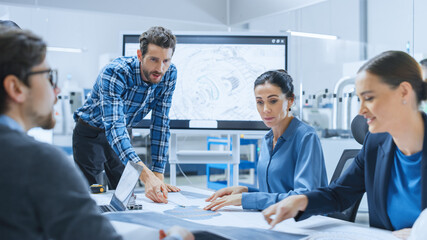 Aufkleber - Modern Factory Office Meeting Room: Busy Diverse Team of Engineers, Managers and Investors Talking at Conference Table, Use Interactive TV, Analyze, Find Solutions, Debate and Discuss Engine Concept