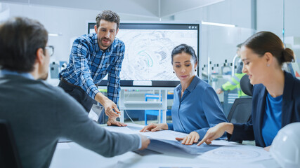 Aufkleber - Modern Factory Office Meeting Room: Busy Diverse Team of Engineers, Managers and Investors Talking at Conference Table, Use Interactive TV, Analyze, Find Solutions, Debate and Discuss Engine Concept