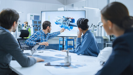 Aufkleber - Modern Factory Office Meeting Room: Diverse Team of Engineers, Managers and Investors Talking at Conference Table, Use Interactive TV, Analyze Sustainable Energy Engine Blueprints. High-Tech Facility