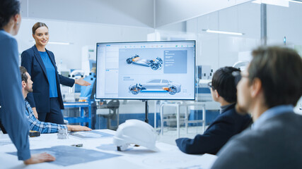Fototapete - Confident Female Automotive Engineer Reports to Diverse Team of Specialists, Managers, Businesspeople and Investors Sitting at the Conference Table, She Shows TV with 3D Prototype of Electric Car