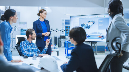 Wall Mural - Confident Female Automotive Engineer Reports to Diverse Team of Specialists, Managers, Businesspeople and Investors Sitting at the Conference Table, She Shows TV with 3D Prototype of Electric Car