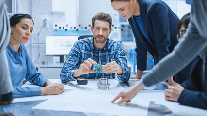 Fototapete - Busy Diverse Team of Computer Engineers and Specialists Gather Around Conference Table, They Discuss Project Drafts and Blueprints, Find Problem Solutions. Industrial Technology Factory Meeting Room