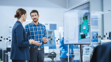 Aufkleber - Female Computer Engineer and Male Project Manager Use Digital Interactive Whiteboard That Shows 3D Printed Circuit Board Concept. Developers Find Problem Solution. Modern Factory Meeting Room
