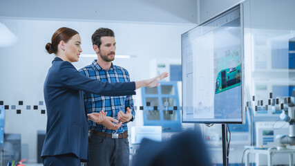 Fototapete - Female Computer Engineer and Male Project Manager Use Digital Interactive Whiteboard That Shows 3D Printed Circuit Board Concept. Developers Find Problem Solution. Modern Factory Meeting Room