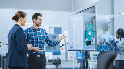 Aufkleber - Female Computer Engineer and Male Project Manager Use Digital Interactive Whiteboard That Shows 3D Printed Circuit Board Concept. Developers Find Problem Solution. Modern Factory Meeting Room