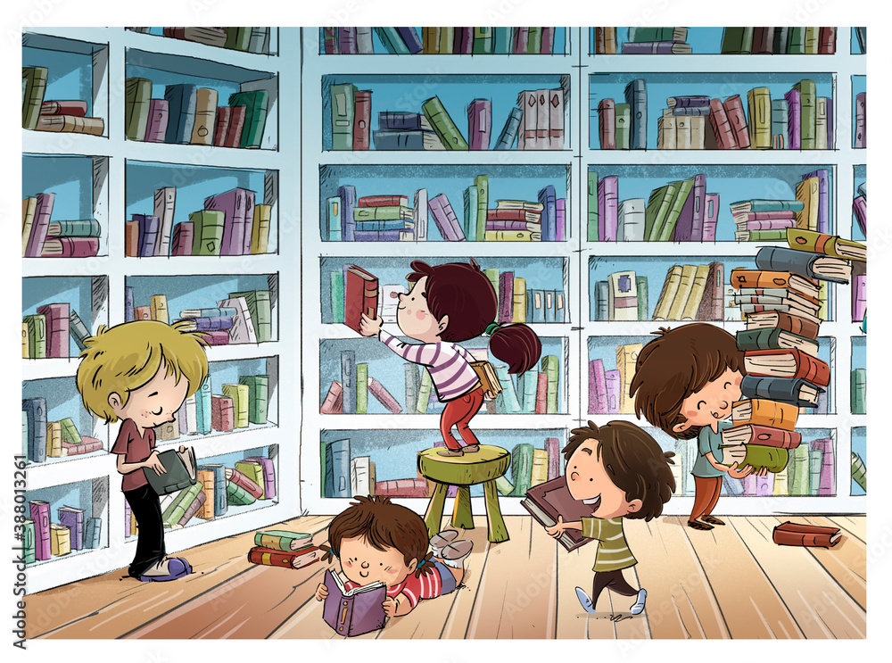 Children in the library with books Stock Illustration | Adobe Stock